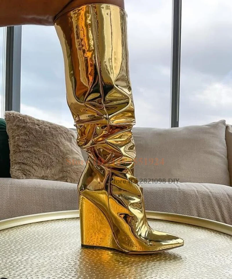 Metallic Wedges Heeled Long Boots Women Glossy Pointy Toe Gold Knee Length Boots Ladies High Heels Street Wear Dress Shoes
Metallic Wedges Heeled Long Boots Women Glossy Pointy Toe Gold Knee Length Boots Ladies High Heels Street Wear Dress Shoes