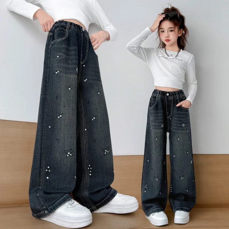 Новое поступление, прямые джинсы для девочек, цветочная вышивка со стразами для детей, модные весенне-осенние джинсовые брюки, детские брюки
Новое поступление, прямые джинсы для девочек, цветочная вышивка со стразами для детей, модные весенне-осенние джинсовые брюки, детские брюки