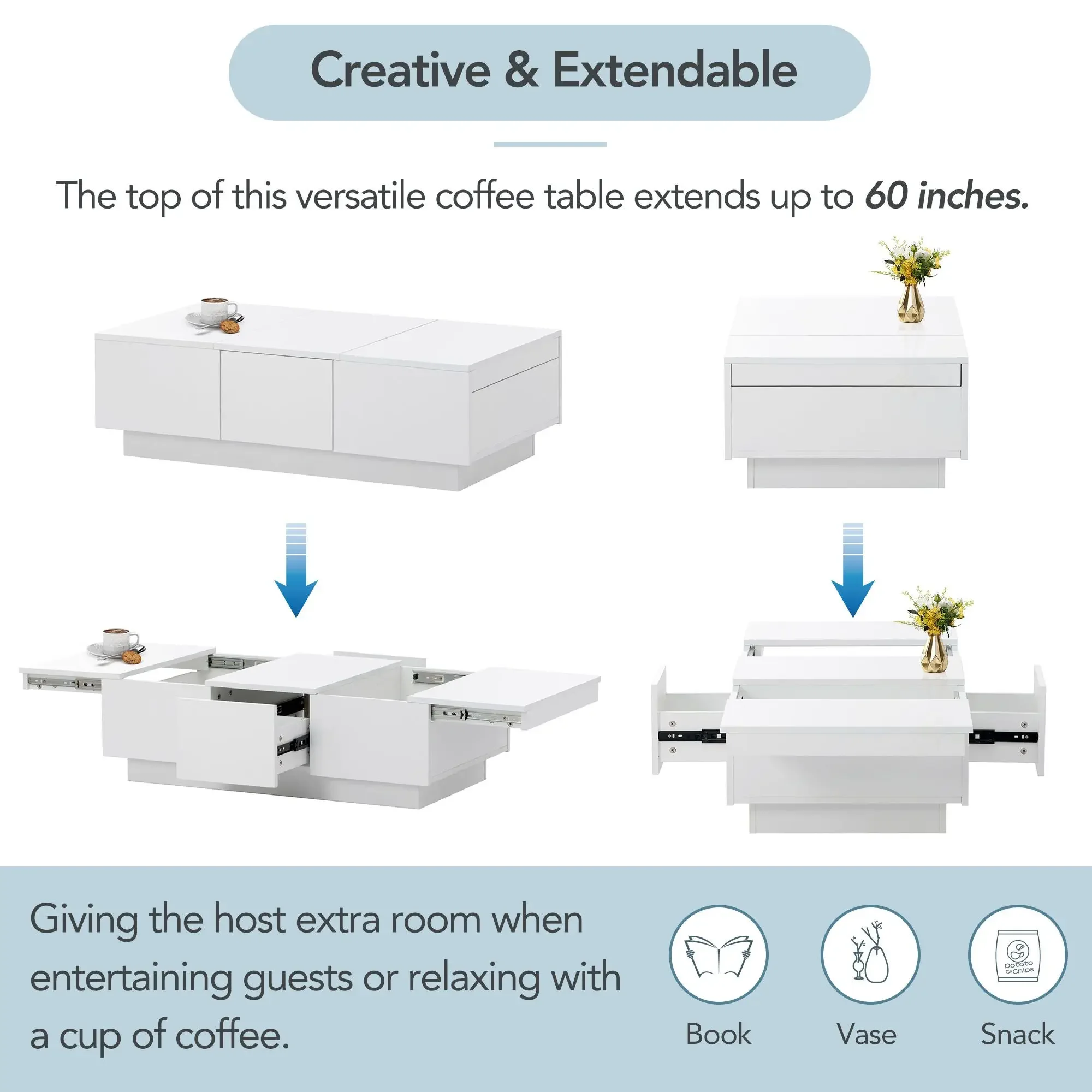 Coffee Table,with2 Large Hidden Storage Compartment,Extendable Cocktail Table with2 Drawers,High-gloss Center Table Sliding Top
Coffee Table,with2 Large Hidden Storage Compartment,Extendable Cocktail Table with2 Drawers,High-gloss Center Table Sliding Top