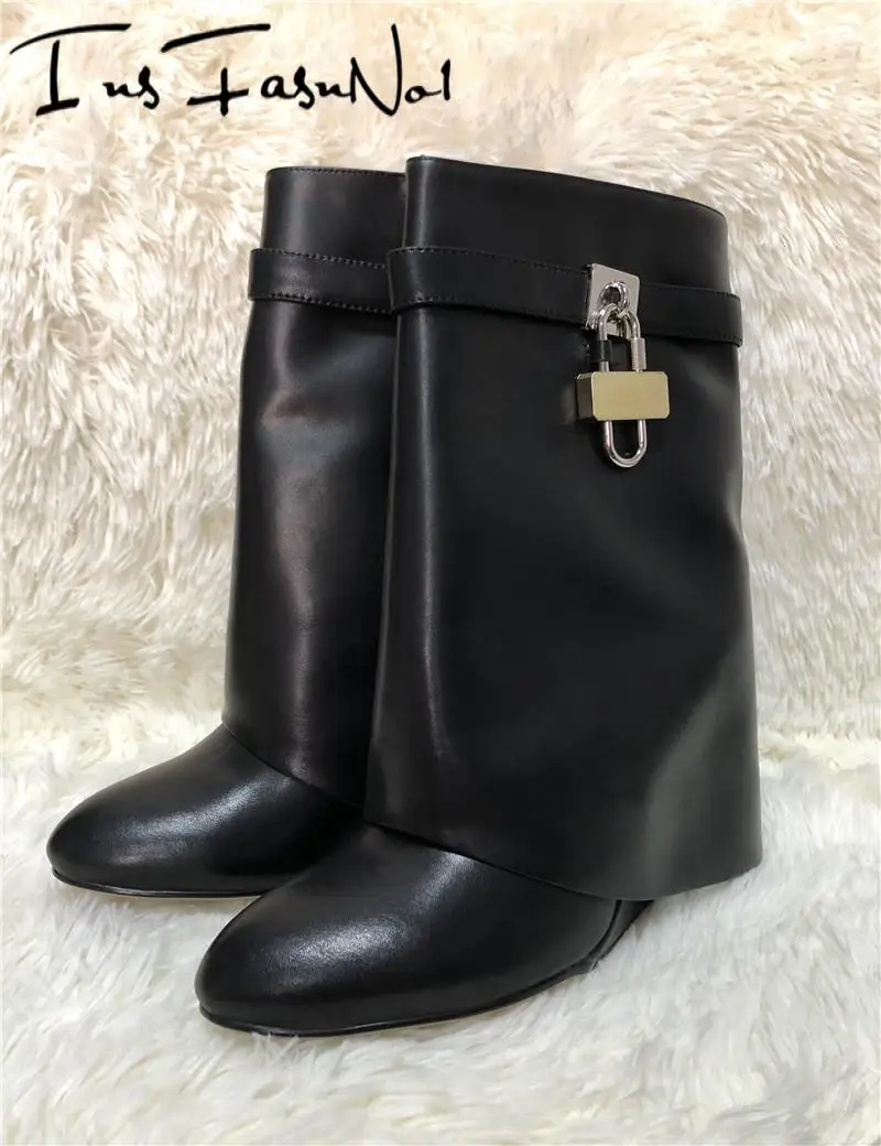 Shark Lock Leather Knee-high Boots Women Calfskin Slip On Black Designer Shoes New Fold-over Shafts High Wedge Heel Ladies Boots