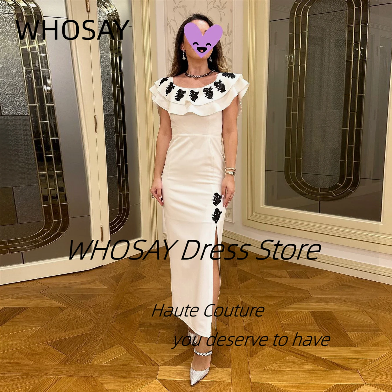 WHOSAY Customized Prom Dresses with Black Applique Scoop Neck Evening Dress Capped Sleeves Side Slit Special Occasion Gowns
WHOSAY Customized Prom Dresses with Black Applique Scoop Neck Evening Dress Capped Sleeves Side Slit Special Occasion Gowns