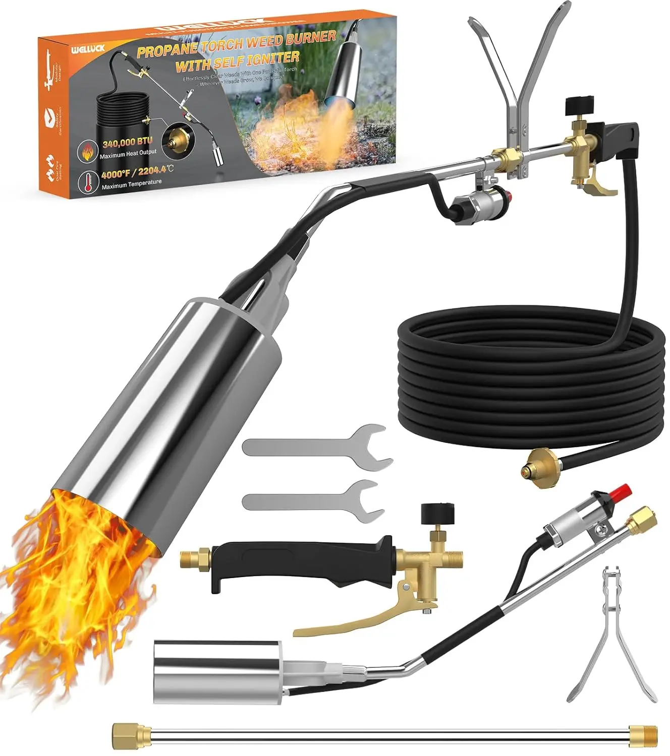 340,000 BTU Propane Weed Burner Torch with Self-Igniter & Hose for Weeding, BBQ, Snow Melting
340,000 BTU Propane Weed Burner Torch with Self-Igniter & Hose for Weeding, BBQ, Snow Melting