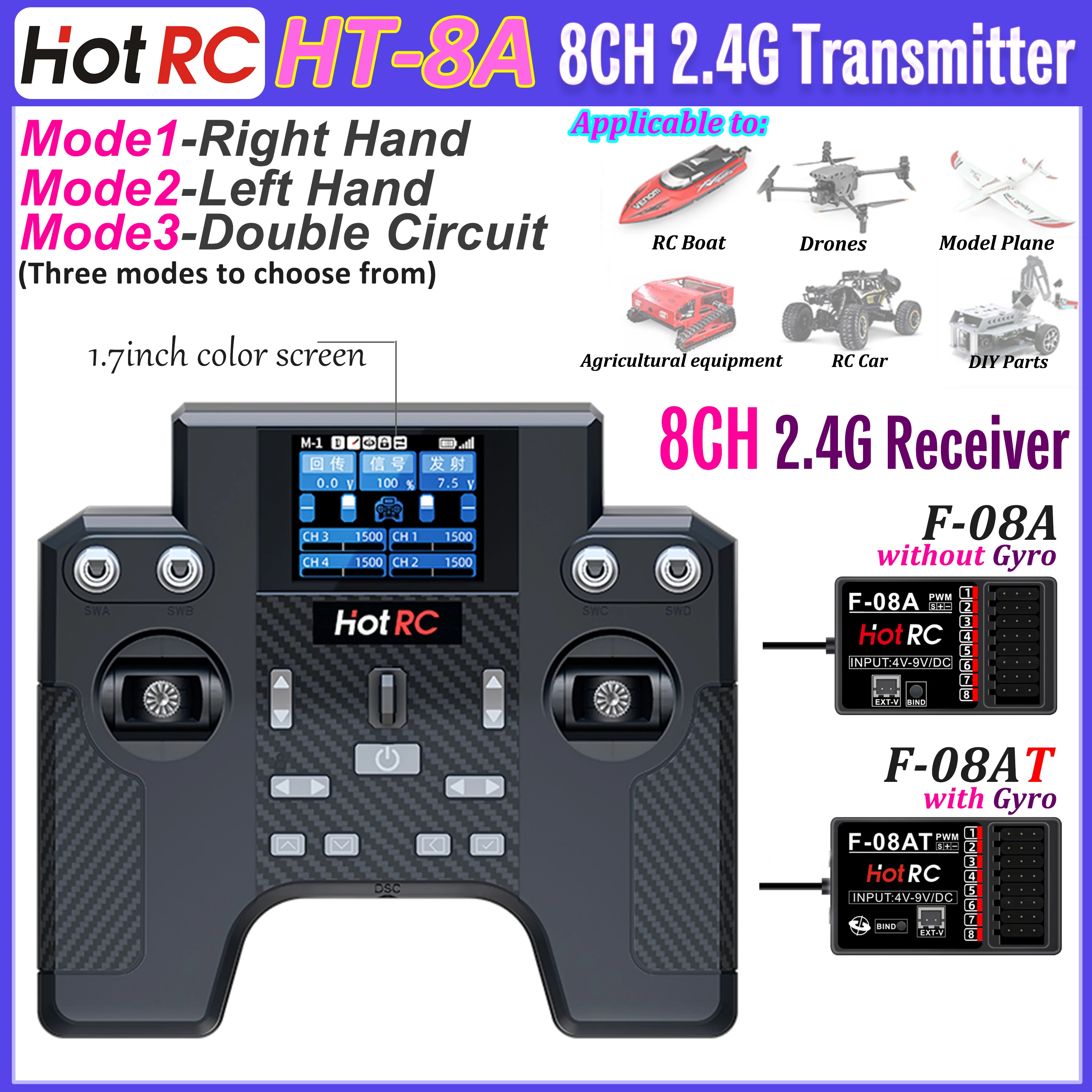 HOTRC HT-8A Transmitter HT8A 2.4G 8CH Remote Control with F-08A/F-08AT Receiver for RC Helicopter Aircraft Car Ship Tank Robot
HOTRC HT-8A Transmitter HT8A 2.4G 8CH Remote Control with F-08A/F-08AT Receiver for RC Helicopter Aircraft Car Ship Tank Robot