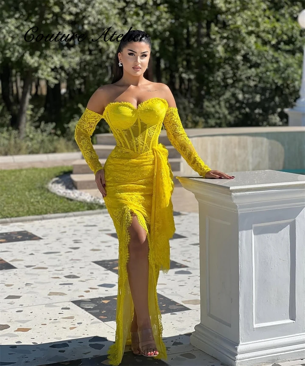 Bright Yellow Lace Evening Dresses Off The Shoulder Long Sleeves Mermaid Split Beads Dubai Cocktail Party Gowns Customized
Bright Yellow Lace Evening Dresses Off The Shoulder Long Sleeves Mermaid Split Beads Dubai Cocktail Party Gowns Customized