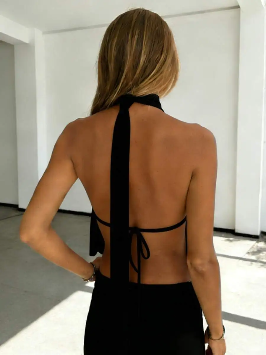 Women Black Halter Backless Top Sleeveless Summer Polyester Crop Top
Women Black Halter Backless Top Sleeveless Summer Polyester Crop Top