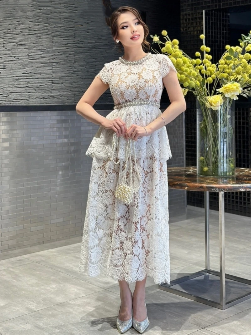 Luxury Diamonds Hook Flower Hollow Lace Dress Summer Clothing Women Short Sleeve O-Neck Maxi Long Dresses Birthday Evening Dress
Luxury Diamonds Hook Flower Hollow Lace Dress Summer Clothing Women Short Sleeve O-Neck Maxi Long Dresses Birthday Evening Dress