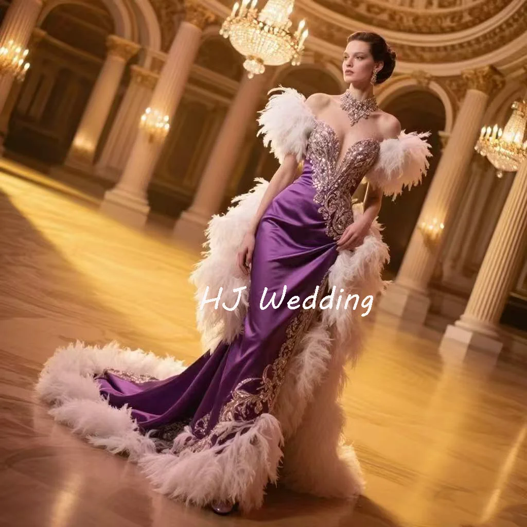 Luxury Purple Feather Mermaid Prom Dresses Side Slit Evening Dresses Birthday Party Gown Customized
Luxury Purple Feather Mermaid Prom Dresses Side Slit Evening Dresses Birthday Party Gown Customized