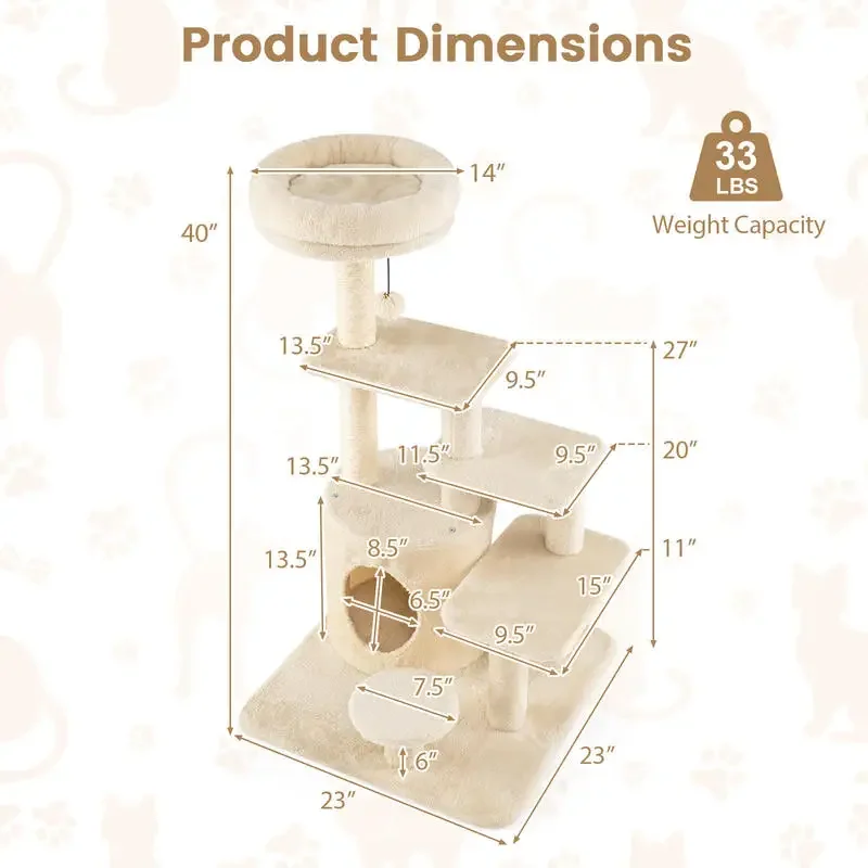 40 Inch Multi-level Cat Tower with Condo and Dangling Jingle Ball-Beige
40 Inch Multi-level Cat Tower with Condo and Dangling Jingle Ball-Beige