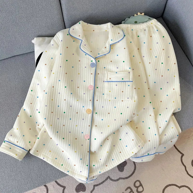 Spring New Minimalist Style Colorful Polka Dot Sleepwear Women's Winter Style Air Cotton Long Sleeved Home Suit Set Girl Pajamas
Spring New Minimalist Style Colorful Polka Dot Sleepwear Women's Winter Style Air Cotton Long Sleeved Home Suit Set Girl Pajamas