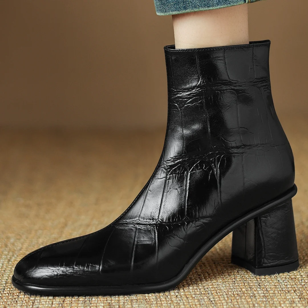 Women's cow leather stone pattern 6cm thick high heel autumn ankle boots square toe side zip elegant ladies slim short booties
Women's cow leather stone pattern 6cm thick high heel autumn ankle boots square toe side zip elegant ladies slim short booties