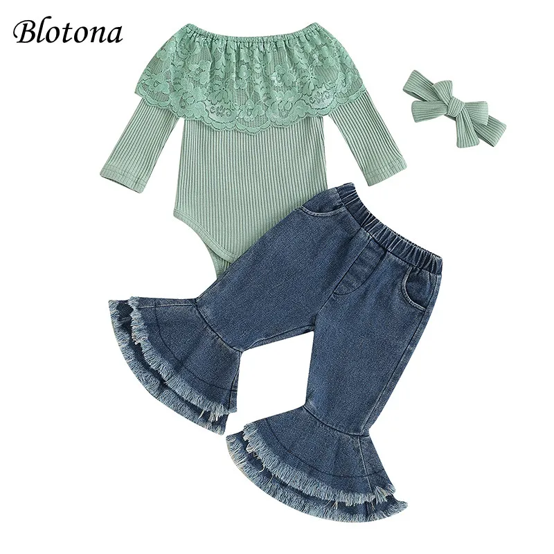 Blotona Baby Girls 3Pcs Outfits Lace Patchwork Long Sleeves Romper and Elastic Denim Flared Pants Headband Spring Fall Set
Blotona Baby Girls 3Pcs Outfits Lace Patchwork Long Sleeves Romper and Elastic Denim Flared Pants Headband Spring Fall Set