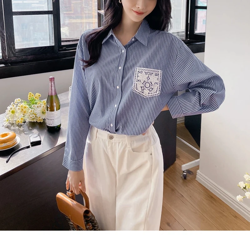 Korean Style Plus Size Women's Clothing for 2026 Summer Loose Striped Shirts Hollow Out Lace Pockets Female Blouse Tops KE1197
Korean Style Plus Size Women's Clothing for 2026 Summer Loose Striped Shirts Hollow Out Lace Pockets Female Blouse Tops KE1197
