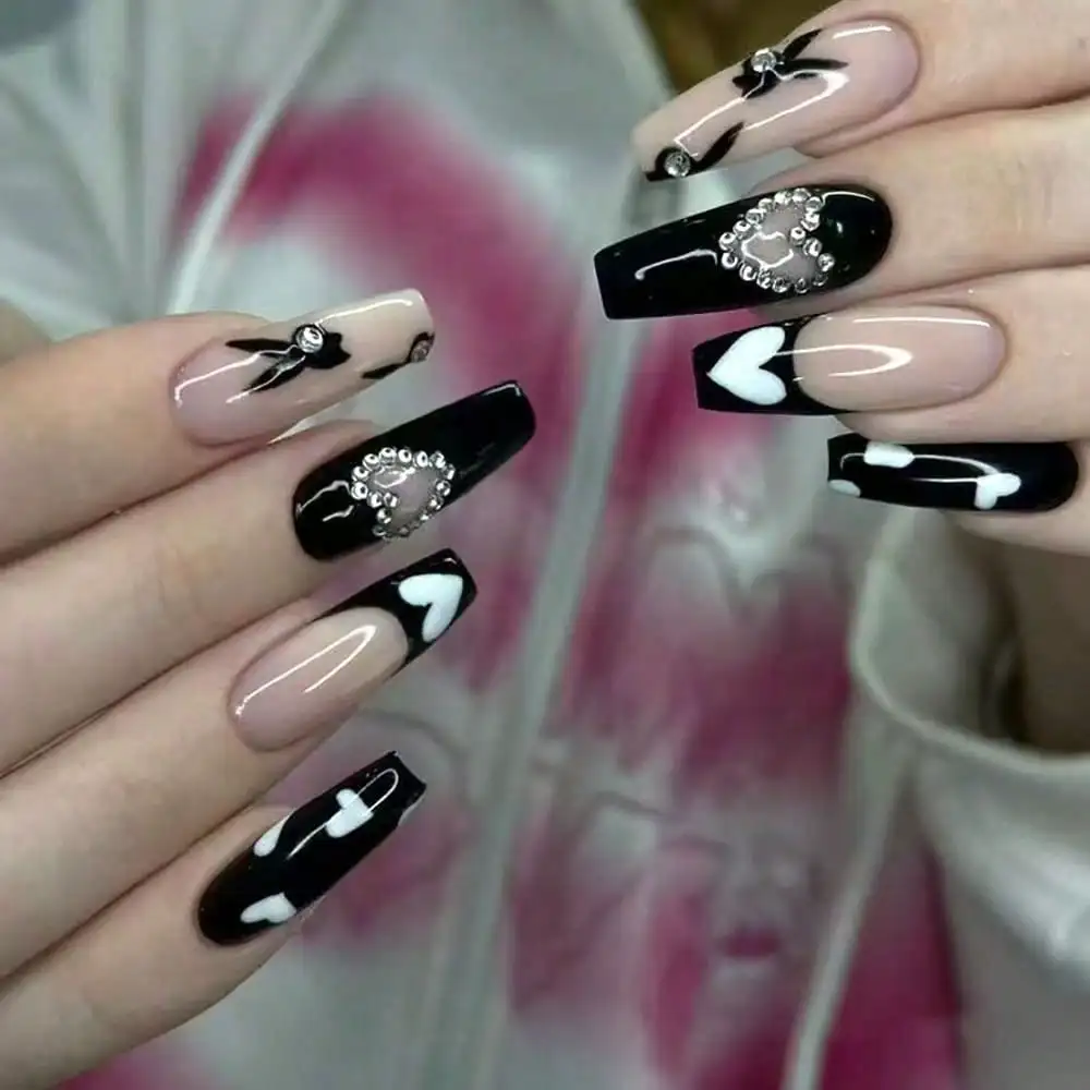Black White Heart Press On Nails Long Coffin Rhinestone Bow Fake Nails Gothic Manicure Women
Black White Heart Press On Nails Long Coffin Rhinestone Bow Fake Nails Gothic Manicure Women