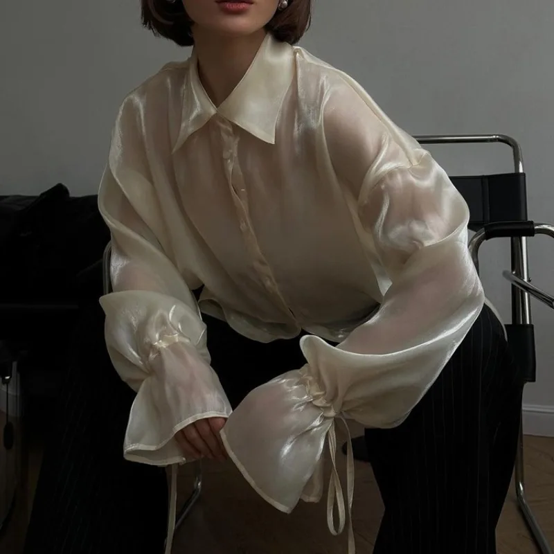 Summer Casual Loose See-Through Shirts Women's Lapel Long Sleeve Lace Up Blouse Tops Korean Streetwear Female Solid BlusasTop
Summer Casual Loose See-Through Shirts Women's Lapel Long Sleeve Lace Up Blouse Tops Korean Streetwear Female Solid BlusasTop