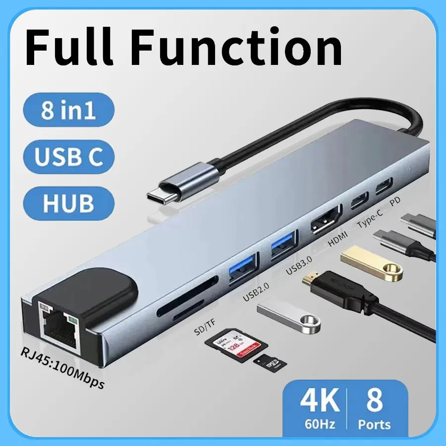 USB C HUB 8 in 1 Type C Adapter With 4K HDMI 87W PD USB Docking Station RJ45 For Macbook Air iPad Pro RJ45 HDMI Computer Laptop
USB C HUB 8 in 1 Type C Adapter With 4K HDMI 87W PD USB Docking Station RJ45 For Macbook Air iPad Pro RJ45 HDMI Computer Laptop