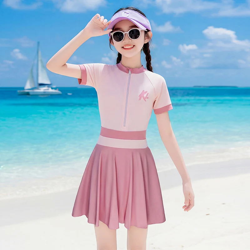Teen Girl Swimwear Skirted One-Piece Swimsuit Short Sleeve Swimdress Children Boyshort Quick Dry Bathing Suit Girls Beach Pool
Teen Girl Swimwear Skirted One-Piece Swimsuit Short Sleeve Swimdress Children Boyshort Quick Dry Bathing Suit Girls Beach Pool