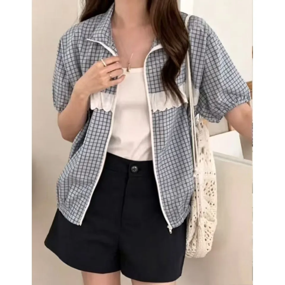 Korean Style Short Sleeve Open Cardigan Lace Zipper Patchwork Plaid Summer New Arrival Women's Fashion Outerwear Coat
Korean Style Short Sleeve Open Cardigan Lace Zipper Patchwork Plaid Summer New Arrival Women's Fashion Outerwear Coat