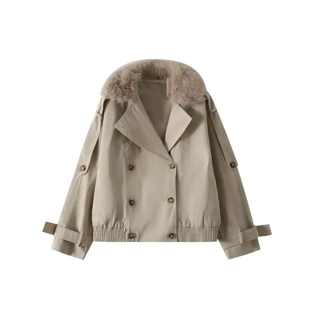 Khaki Cropped Trench Jacket Big Lapel Collar Double Breasted Bronze Buttons Epaulet Strap Cuff Elastic Rib Hem Loose Warm Coat
Khaki Cropped Trench Jacket Big Lapel Collar Double Breasted Bronze Buttons Epaulet Strap Cuff Elastic Rib Hem Loose Warm Coat