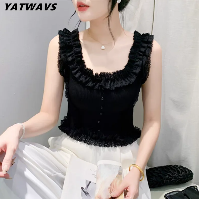 New Fashion French Lace Edge Suspenders Tops Chic Sexy Sleeveless Slim Knitted Tops Korean Cute Girl Pullover Tees Blusas
New Fashion French Lace Edge Suspenders Tops Chic Sexy Sleeveless Slim Knitted Tops Korean Cute Girl Pullover Tees Blusas