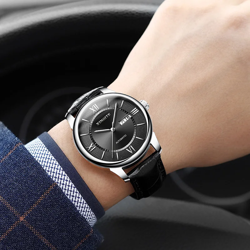 Original Brand Mechanical Automatic Mens Watch Stainless Steel Silver Male Watch Leather Strap Complete Calendar Wristwatch
Original Brand Mechanical Automatic Mens Watch Stainless Steel Silver Male Watch Leather Strap Complete Calendar Wristwatch