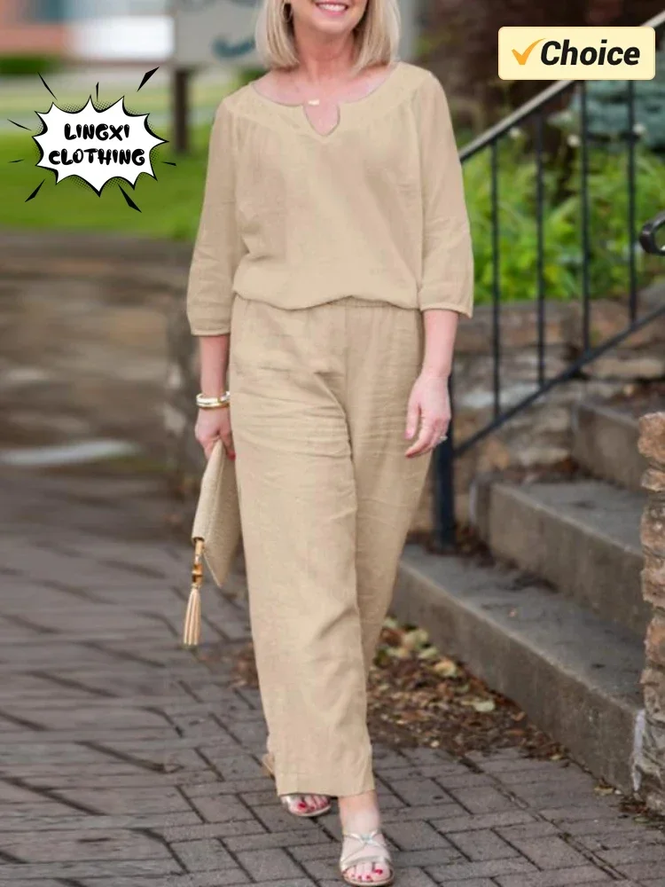 2024 Summer Cotton and Hemp Women's Two Piece Casual Elegant Solid Color V-Neck Loose Hemp Fiber Pants Plus Size Set
2024 Summer Cotton and Hemp Women's Two Piece Casual Elegant Solid Color V-Neck Loose Hemp Fiber Pants Plus Size Set