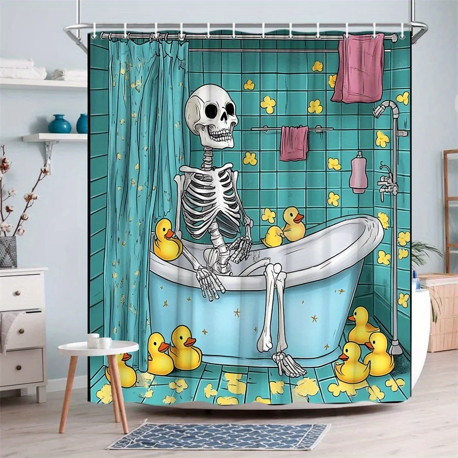 whimsical digital art shower curtain featuring skeleton and yellow rubber ducks quirky bathroom decor easy to care for
whimsical digital art shower curtain featuring skeleton and yellow rubber ducks quirky bathroom decor easy to care for