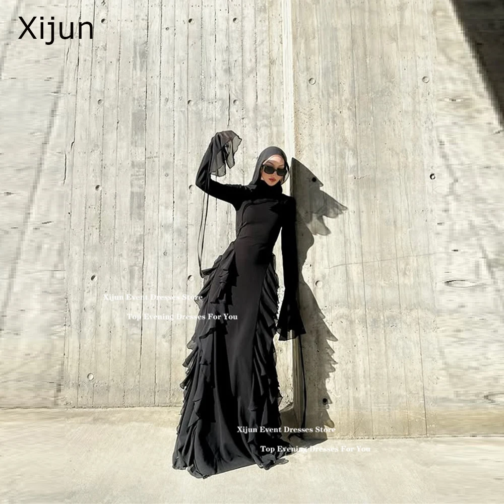 Xijun Modest Black Chiffon Evening Dresses Full Sleeves O-Neck Ruffles Prom Dresses A-Line Saudi Arabric Prom Gowns Customized
Xijun Modest Black Chiffon Evening Dresses Full Sleeves O-Neck Ruffles Prom Dresses A-Line Saudi Arabric Prom Gowns Customized