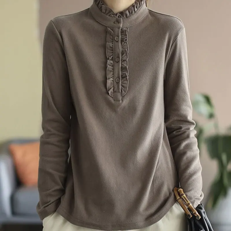 Solid Colour Stand Collar Autumn Winter Agaric Lace Long Sleeve T-Shirts Mercerized Cotton Button Loose Straight Women Plus Size
Solid Colour Stand Collar Autumn Winter Agaric Lace Long Sleeve T-Shirts Mercerized Cotton Button Loose Straight Women Plus Size