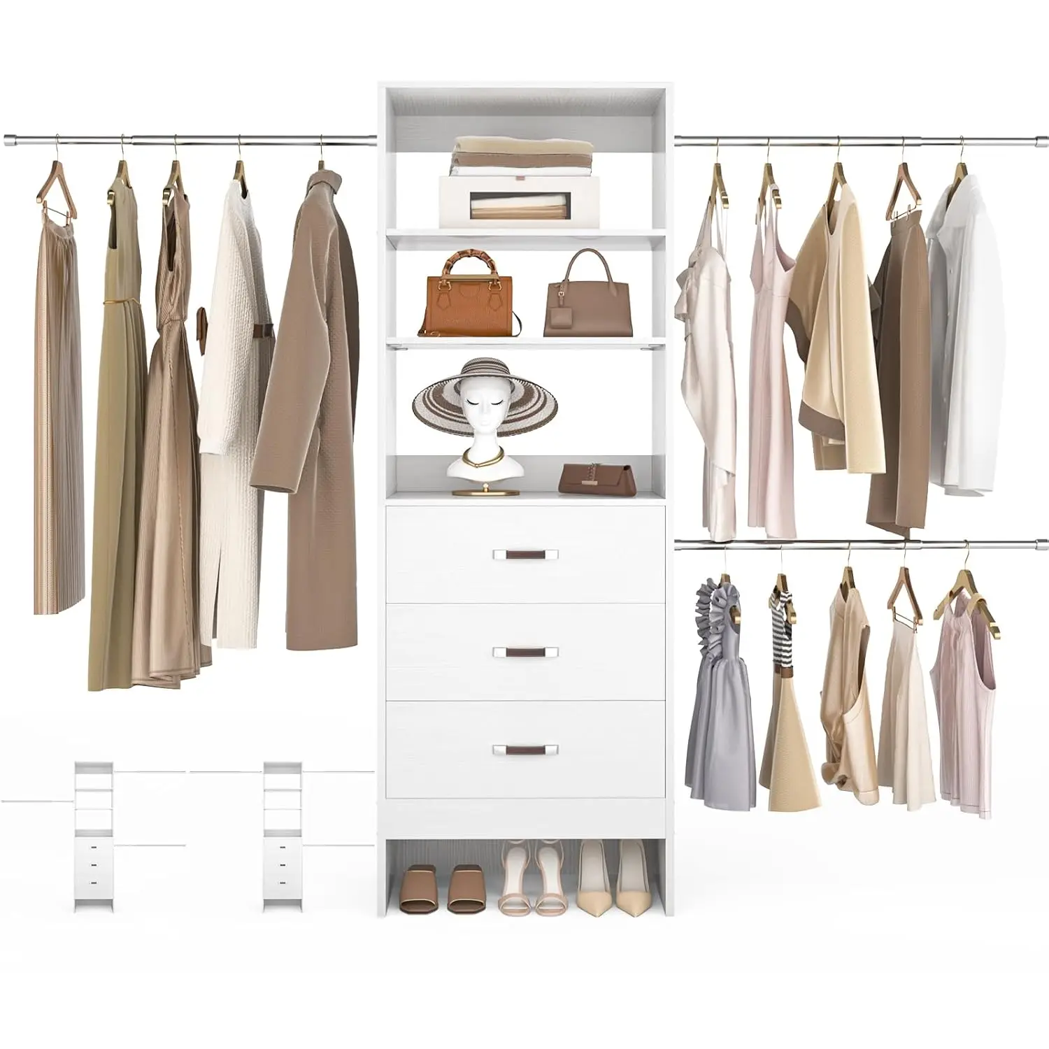 96in Adjustable Closet Organizer System with 3 Rods 3 Drawers 5-8FT Walk-in Wardrobe White, Customized
96in Adjustable Closet Organizer System with 3 Rods 3 Drawers 5-8FT Walk-in Wardrobe White, Customized