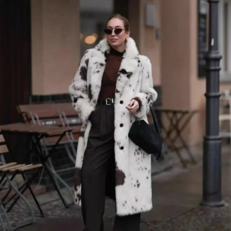 Lapel Faux Fur Jackets Cow Print Single Breasted Long Plush Coat Warm Thick Luxury Elegant Furry Jacket Fluffy Faux Rabbit Loose
Lapel Faux Fur Jackets Cow Print Single Breasted Long Plush Coat Warm Thick Luxury Elegant Furry Jacket Fluffy Faux Rabbit Loose