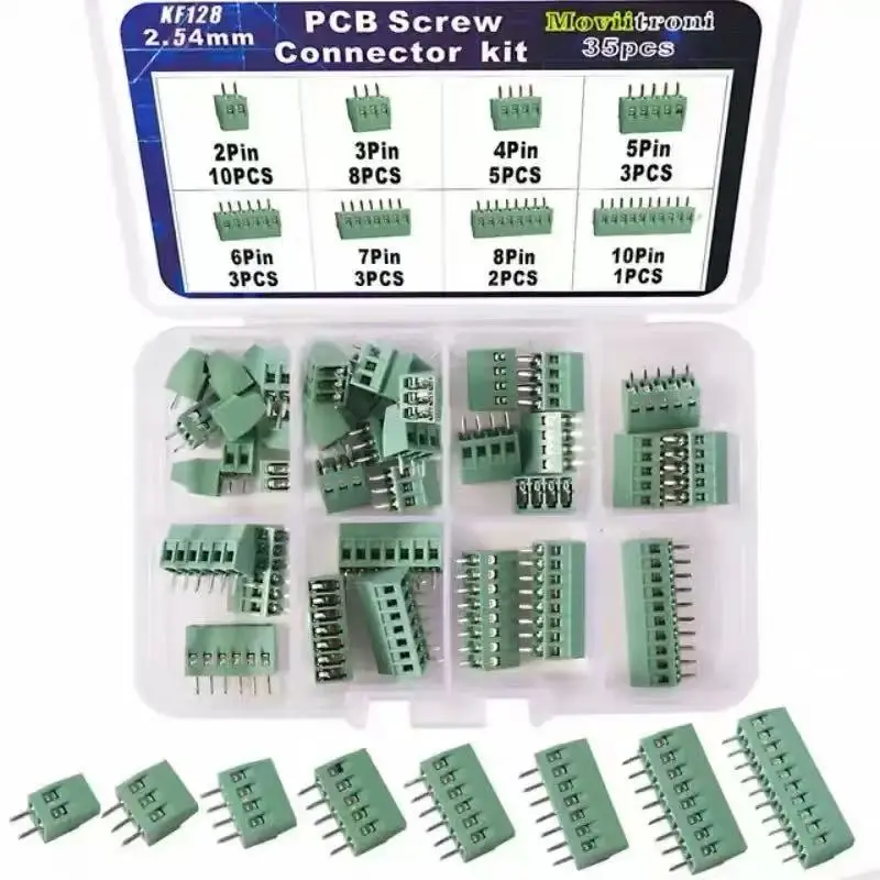 35pcs KF128 2.54mm Pitch PCB Screw Terminal Block Connector Kit, 2/3/4/5/6/7/8/10 Pin Assortment Set
35pcs KF128 2.54mm Pitch PCB Screw Terminal Block Connector Kit, 2/3/4/5/6/7/8/10 Pin Assortment Set