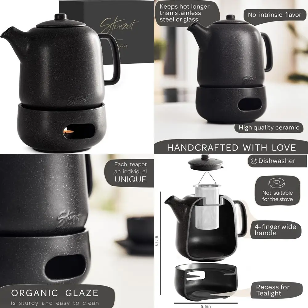 Premium Ceramic Teapot with Infuser for Loose Tea, 44 oz Capacity, Black Design, Tea Pot with Warmer Feature
Premium Ceramic Teapot with Infuser for Loose Tea, 44 oz Capacity, Black Design, Tea Pot with Warmer Feature