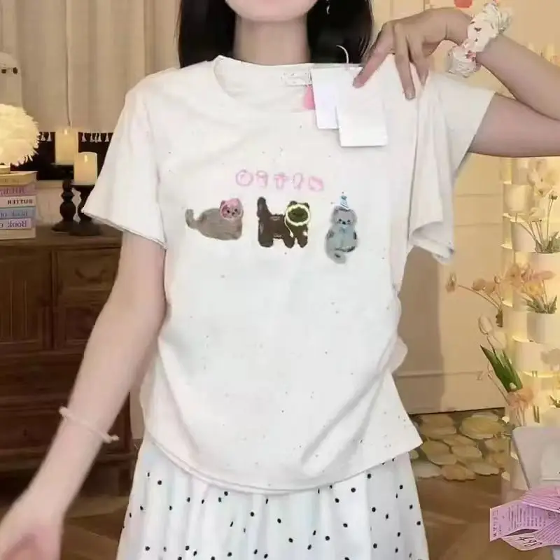 Summer Casual Chic Tops Women Cartoon Embroidery Slim O-neck T-shirt Fashion Vintage Short Sleeve Top Pullovers
Summer Casual Chic Tops Women Cartoon Embroidery Slim O-neck T-shirt Fashion Vintage Short Sleeve Top Pullovers