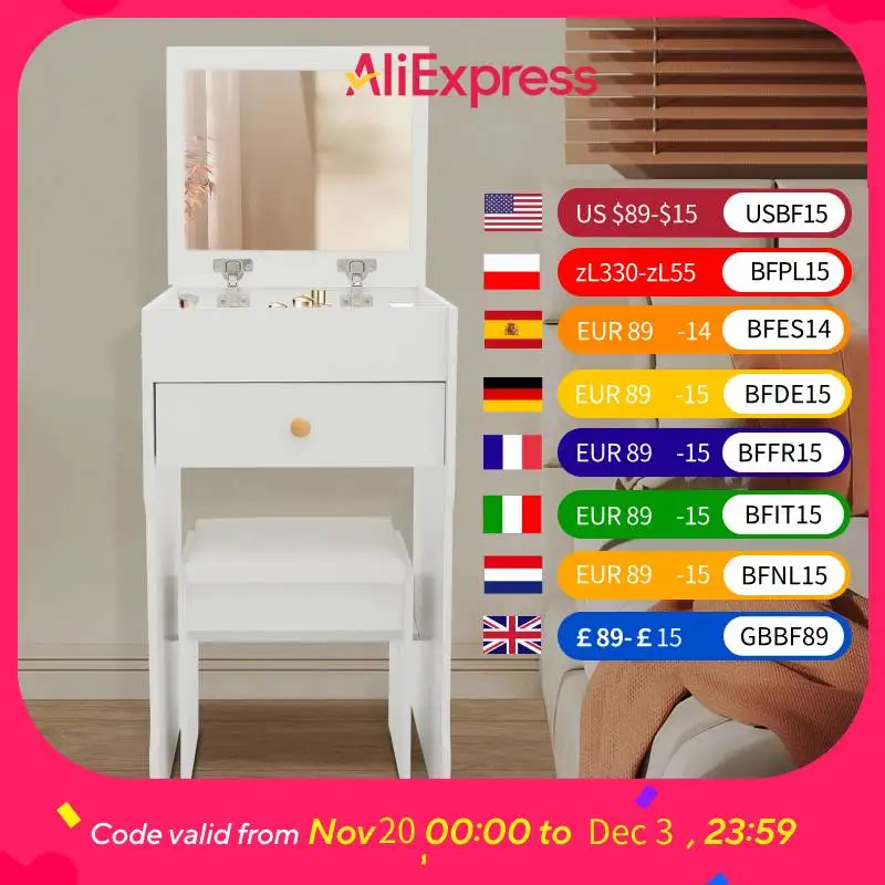 40*37cm Vanity Table with Mirror, Compact Makeup Vanity with Storage Compartments and Stool, Dressing Table for Bedroom White
40*37cm Vanity Table with Mirror, Compact Makeup Vanity with Storage Compartments and Stool, Dressing Table for Bedroom White