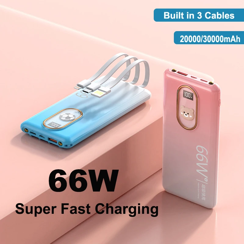 30000mAh Power Bank with 3 Cables 66W PD Super Fast Charging Powerbank Portable Battery Charger For iPhone Samsung Xiaomi Huawei
30000mAh Power Bank with 3 Cables 66W PD Super Fast Charging Powerbank Portable Battery Charger For iPhone Samsung Xiaomi Huawei
