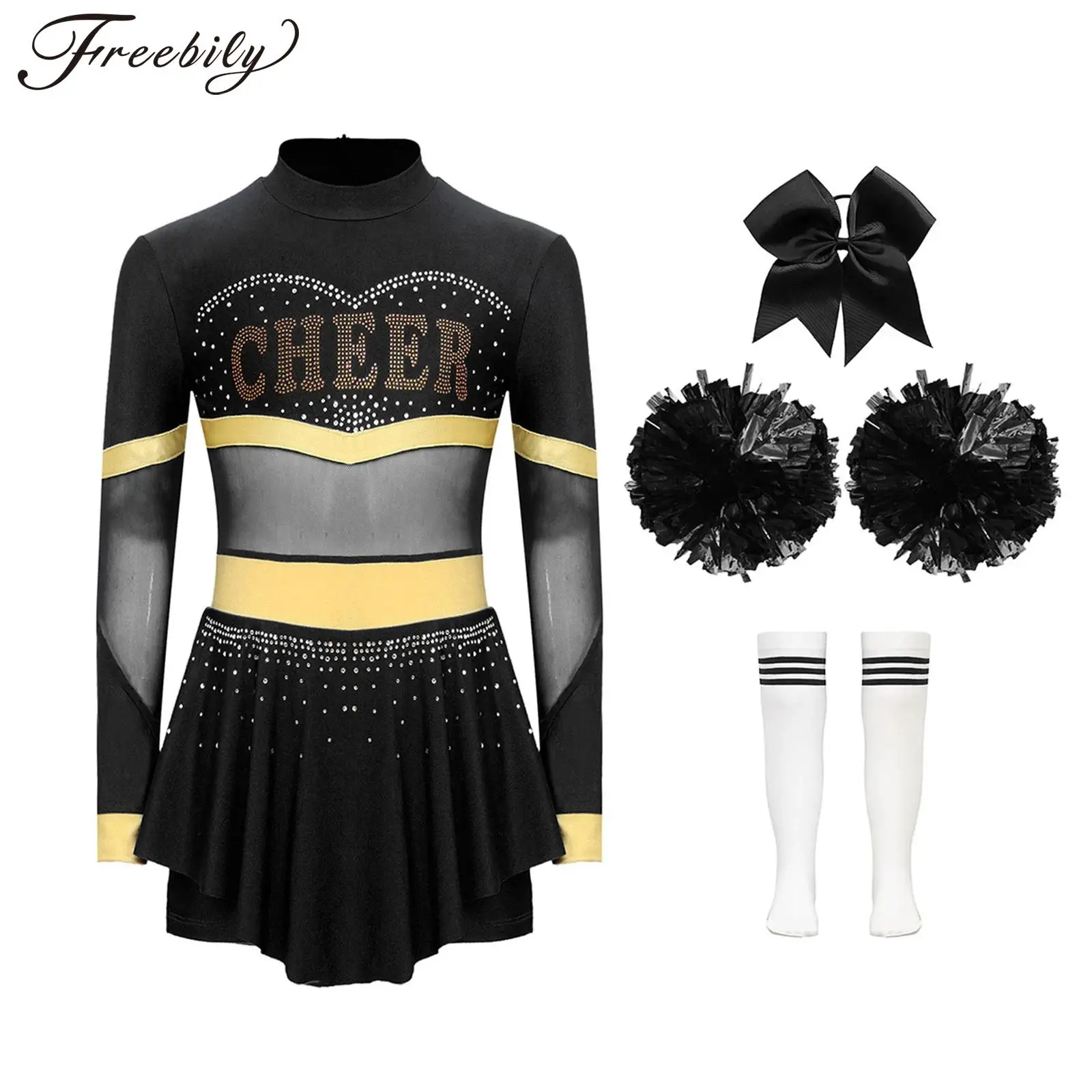 Kids Girls Cheerleading Jazz Dance Performance Costume Long Sleeve Cheer Diamonds Leotard Dress with Hand Flower Hair Tie Socks
Kids Girls Cheerleading Jazz Dance Performance Costume Long Sleeve Cheer Diamonds Leotard Dress with Hand Flower Hair Tie Socks