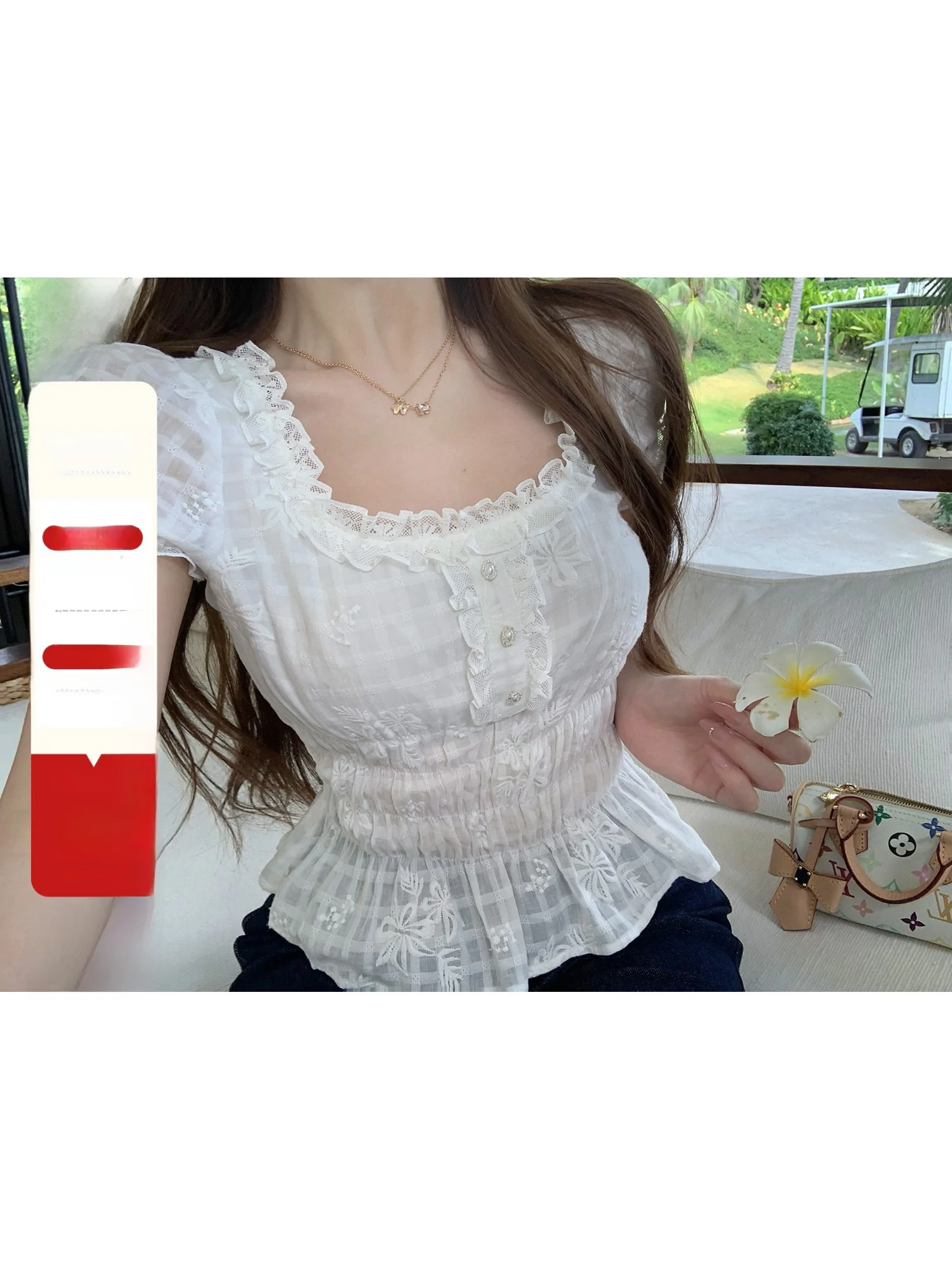 Lukira White Embroidered Lace Trim Bubble Short Sleeve Shirt Women's Spring Waist-Cinching Top Cotton Breathable Comfortable
Lukira White Embroidered Lace Trim Bubble Short Sleeve Shirt Women's Spring Waist-Cinching Top Cotton Breathable Comfortable