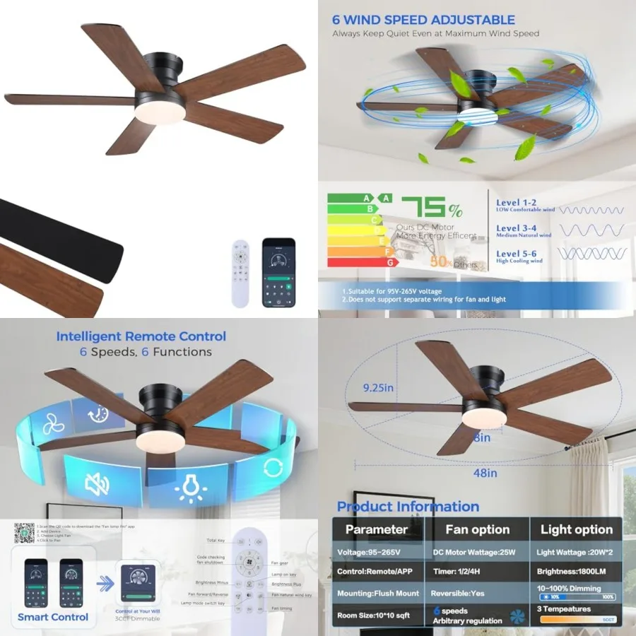 Flush Mount Ceiling Fan with Light and Remote/APP - 48" Low Profile Ceiling Fan with 3CCT Dimmable, 5 Reversible Blades, Modern
Flush Mount Ceiling Fan with Light and Remote/APP - 48" Low Profile Ceiling Fan with 3CCT Dimmable, 5 Reversible Blades, Modern