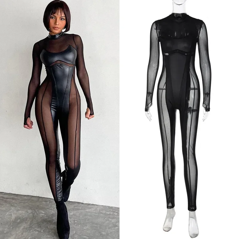 Mesh PU Leather Women Jumpsuit Sexy Black Long Sleeve 2025 Summer Autumn Bodycon Overalls Y2K See Through
Mesh PU Leather Women Jumpsuit Sexy Black Long Sleeve 2025 Summer Autumn Bodycon Overalls Y2K See Through