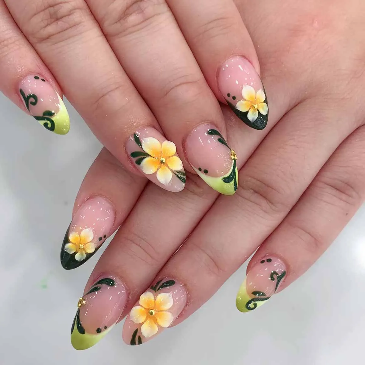 24Pcs 3D Relief Flower Fake Nails Almond Wearable Finished Press on False Nails with Green Gradient French Full Cover Nails Tips
24Pcs 3D Relief Flower Fake Nails Almond Wearable Finished Press on False Nails with Green Gradient French Full Cover Nails Tips