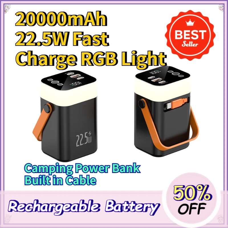20000mAh Camping Power Bank 22.5W Super Fast Charging Built in Cable with Multi Color LED Light
20000mAh Camping Power Bank 22.5W Super Fast Charging Built in Cable with Multi Color LED Light