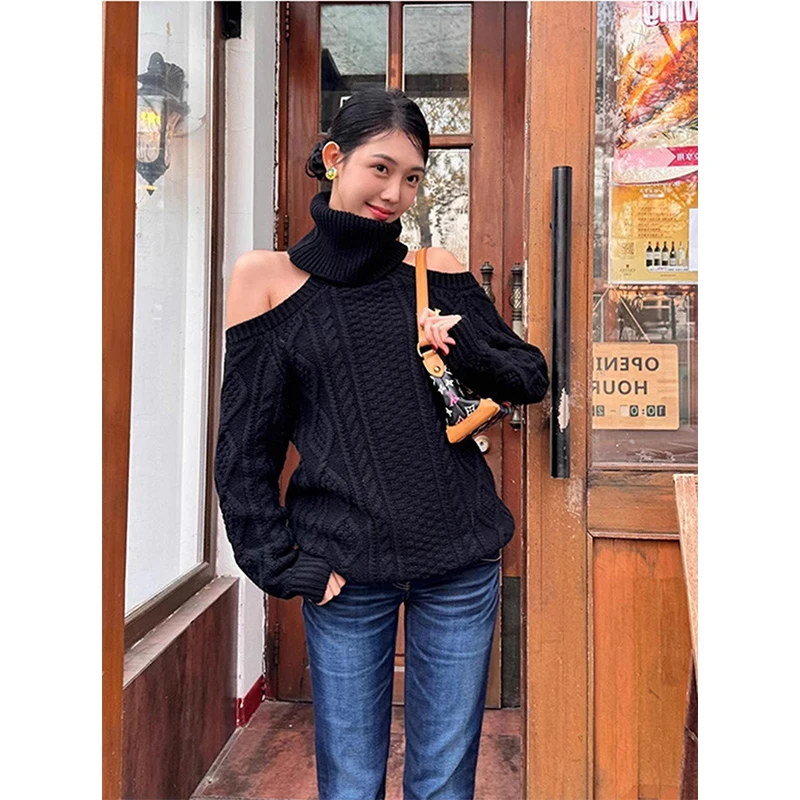 Vintage Turtleneck Sweater Women Sexy Black Off Shoulder Knitted Pullovers Gyaru Long Sleeve Knitwears Winter Korean Jumpers New
Vintage Turtleneck Sweater Women Sexy Black Off Shoulder Knitted Pullovers Gyaru Long Sleeve Knitwears Winter Korean Jumpers New