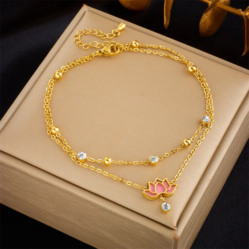 18K Gold Plated Pink Lotus Bracelet, Double Layer Chain with CZ Stones, Elegant Enamel Stainless Steel Jewelry
18K Gold Plated Pink Lotus Bracelet, Double Layer Chain with CZ Stones, Elegant Enamel Stainless Steel Jewelry