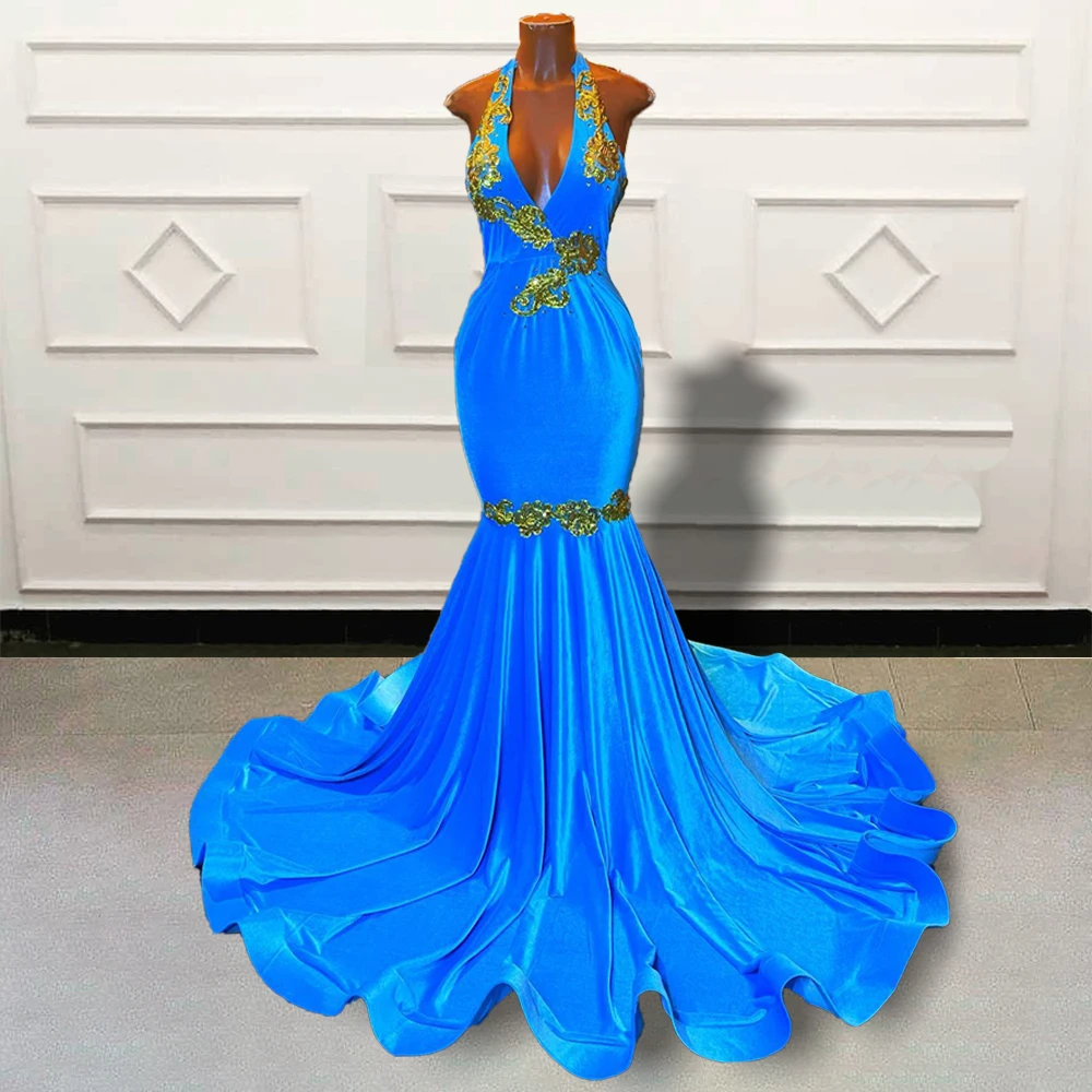 Blue Velvet Mermaid Long Prom Dresses 2025 For Black Girls Sexy Gold Appliques V Neck Backless Women Evening Gown Customized
Blue Velvet Mermaid Long Prom Dresses 2025 For Black Girls Sexy Gold Appliques V Neck Backless Women Evening Gown Customized
