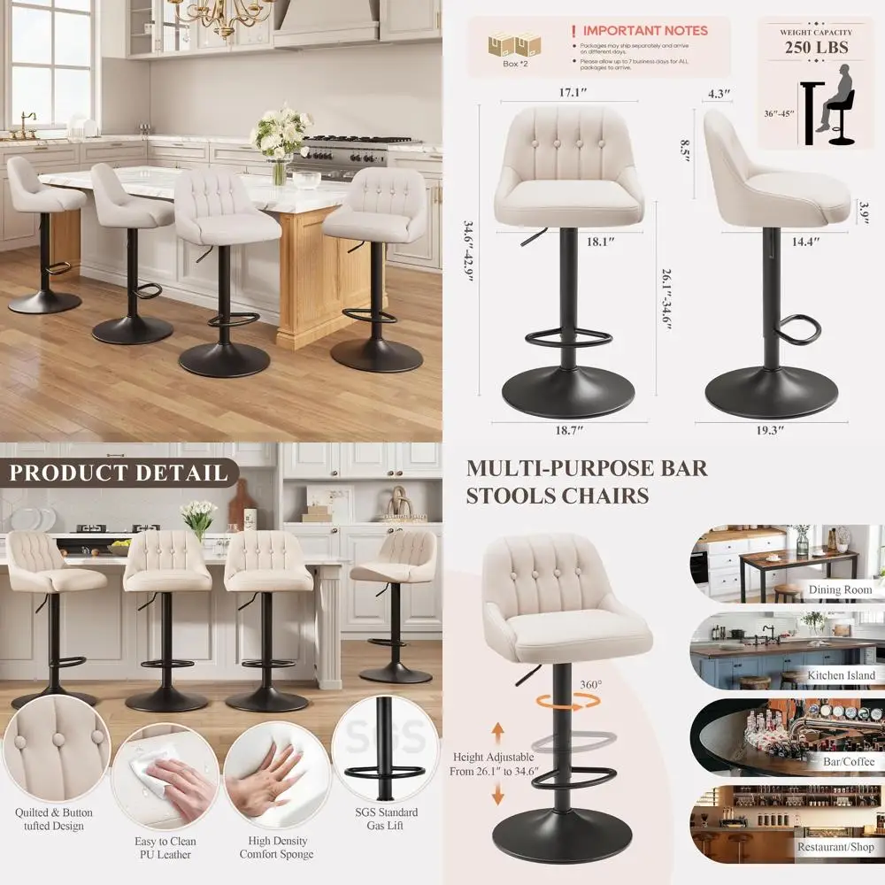 Set of 4 Swivel Adjustable PU Leather Bar Stools, Beige, Suitable for Kitchen Counter or Dining Area
Set of 4 Swivel Adjustable PU Leather Bar Stools, Beige, Suitable for Kitchen Counter or Dining Area