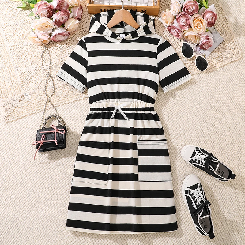 Summer Hooded Dress Kids Set Black And White Striped A-Line Dress Elastic Waist For Girls 8-12 Years Daily Active Korean Style
Summer Hooded Dress Kids Set Black And White Striped A-Line Dress Elastic Waist For Girls 8-12 Years Daily Active Korean Style