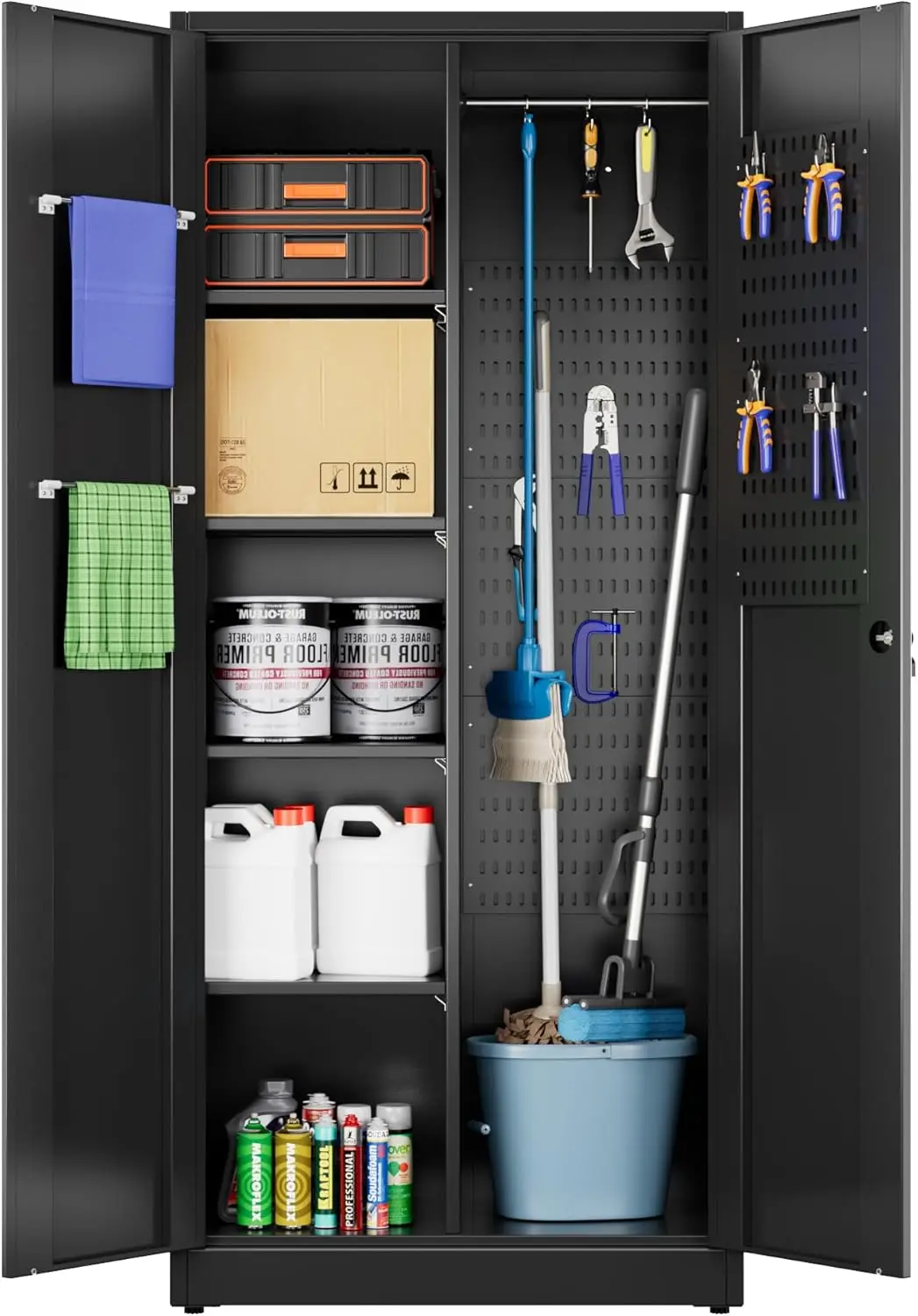 Metal Garage Storage Cabinet with Pegboards, Hanging Rod & Hooks for Home Organization, Black, Assembly Required
Metal Garage Storage Cabinet with Pegboards, Hanging Rod & Hooks for Home Organization, Black, Assembly Required