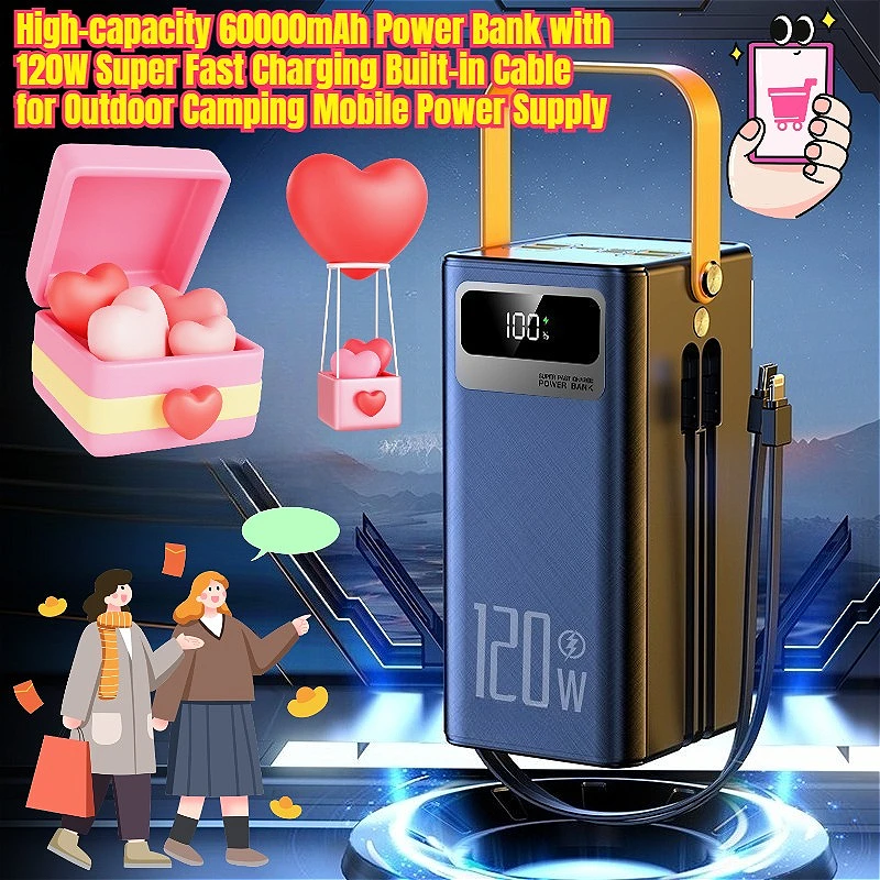 High-capacity 60000mAh Power Bank with 120W Super Fast Charging Built-in Cable for Outdoor Camping Mobile Power Supply
High-capacity 60000mAh Power Bank with 120W Super Fast Charging Built-in Cable for Outdoor Camping Mobile Power Supply