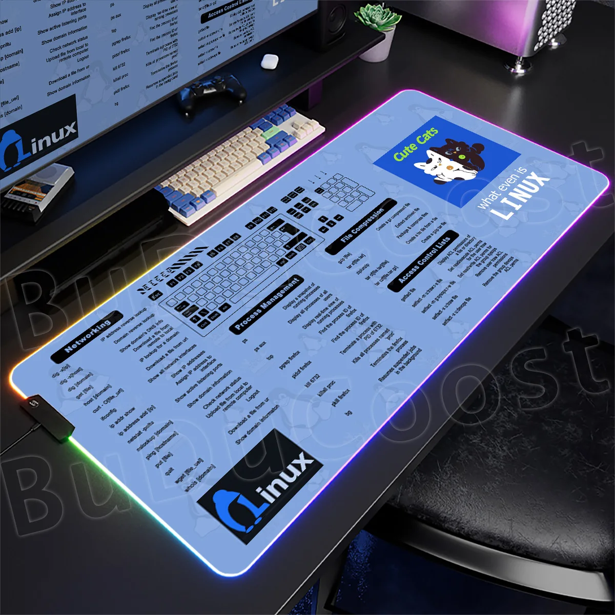 Linux Commands Line Shortcuts LED Light Aesthetic Keyboard Mats XXL Natural Rubber Table RGB Glowing Programmer Office Mouse Pad