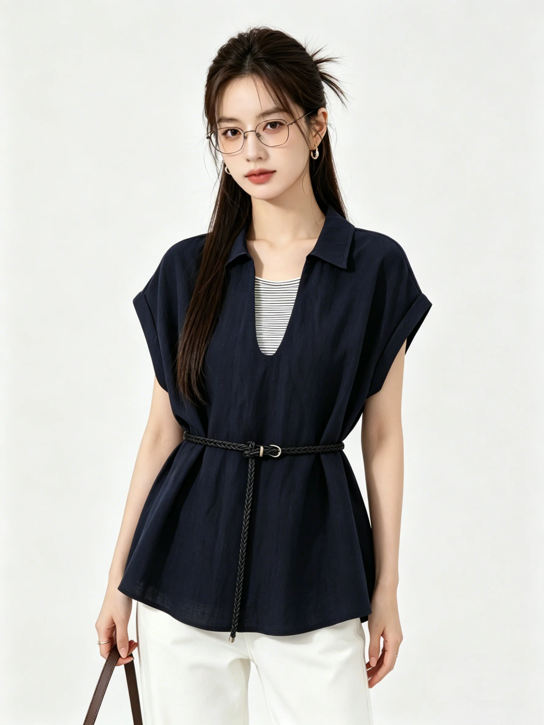 Retro Denim Blue Korean Design Short Sleeve Shirt Waist Cinching Plaid Collar Top Commute Style Summer Women's Shirt
Retro Denim Blue Korean Design Short Sleeve Shirt Waist Cinching Plaid Collar Top Commute Style Summer Women's Shirt